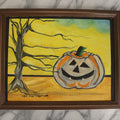 Lot 067 - Vintage Halloween Jack-O-Lantern Pumpkin Painting On Cardboard, With Dead Tree, Yellow Sky, Signed Paul Pate, 1998