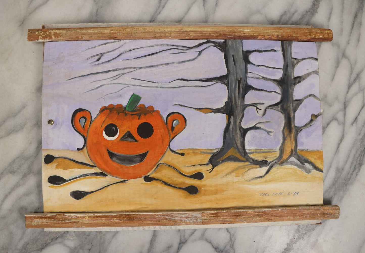 Lot 068 - Vintage Halloween Jack-O-Lantern Pumpkin Painting On Cardboard, With Two Dead Trees, Purple Sky, Signed Paul Pate, 1998