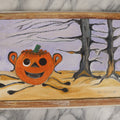 Lot 068 - Vintage Halloween Jack-O-Lantern Pumpkin Painting On Cardboard, With Two Dead Trees, Purple Sky, Signed Paul Pate, 1998
