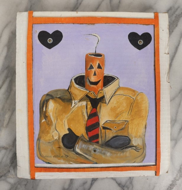 Lot 069 - Vintage Halloween Jack-O-Lantern Pumpkin Painting On Cardboard, With Pumpkin Man In Jacket With Tie, Black Hearts, Signed Paul Pate, 1998