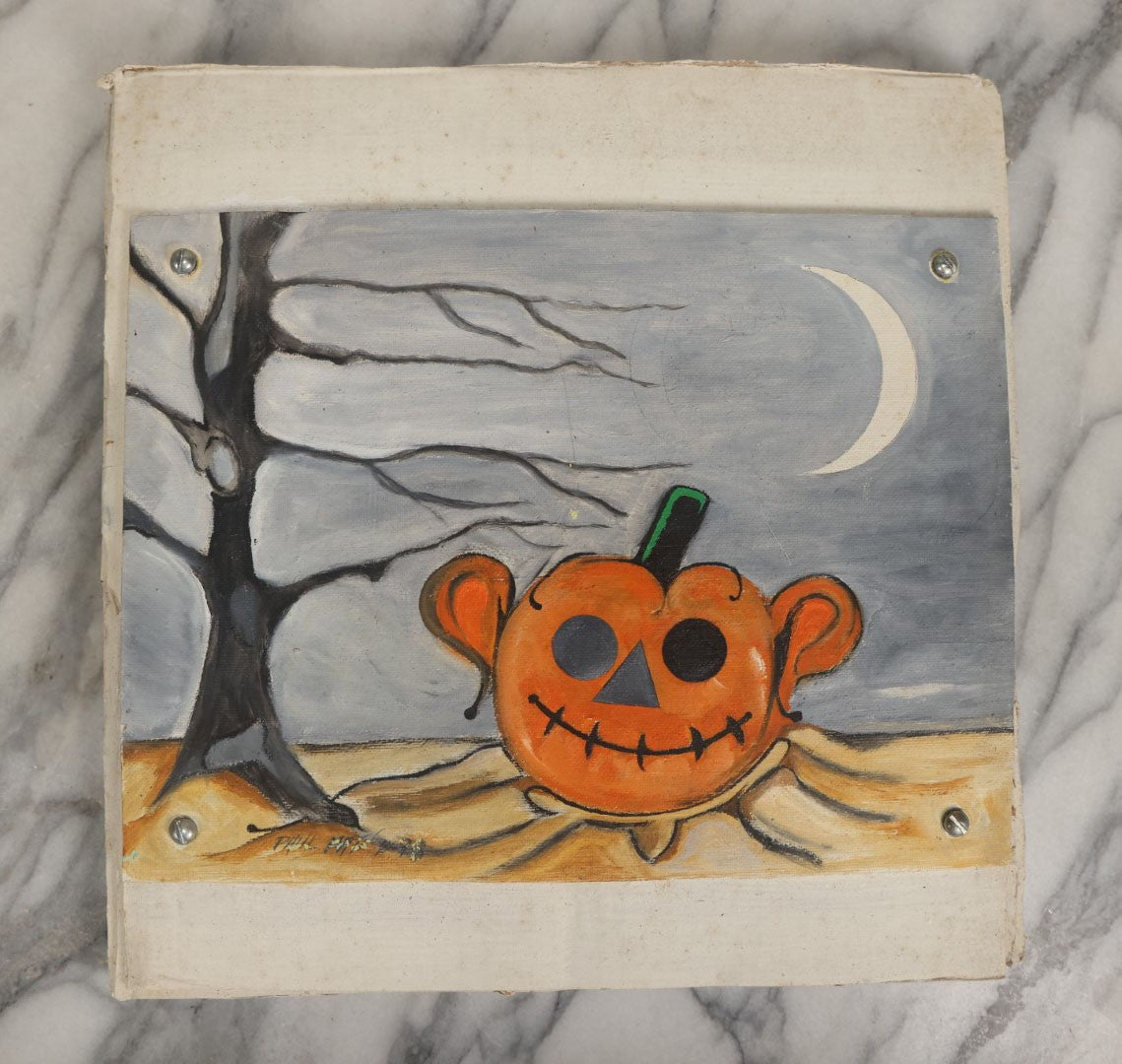 Lot 070 - Vintage Halloween Jack-O-Lantern Pumpkin Painting On Cardboard, With Dead Tree, Crescent Moon In Sky, Signed Paul Pate, 1998