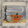 Lot 070 - Vintage Halloween Jack-O-Lantern Pumpkin Painting On Cardboard, With Dead Tree, Crescent Moon In Sky, Signed Paul Pate, 1998