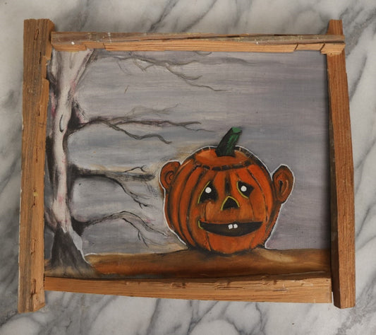 Lot 071 - Vintage Halloween Jack-O-Lantern Pumpkin Painting On Cardboard, With Dead Tree With Long Branches, Gray Sky, Buck Teeth, Signed Paul Pate, 1997