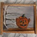 Lot 071 - Vintage Halloween Jack-O-Lantern Pumpkin Painting On Cardboard, With Dead Tree With Long Branches, Gray Sky, Buck Teeth, Signed Paul Pate, 1997