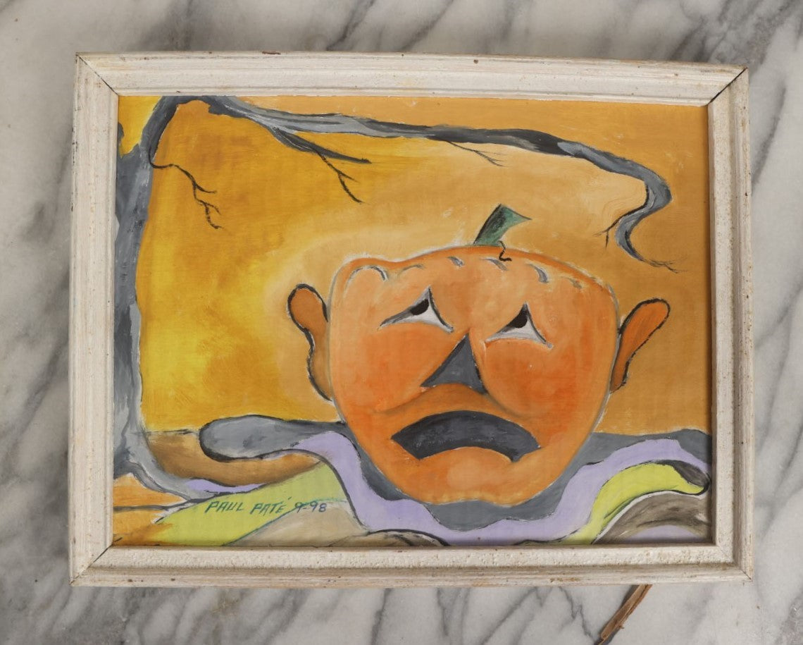 Lot 072 - Vintage Halloween Jack-O-Lantern Pumpkin Painting On Cardboard, With Yellow Sky, Dead Tree With One Long Branch, Worried Face, Signed Paul Pate, 1998