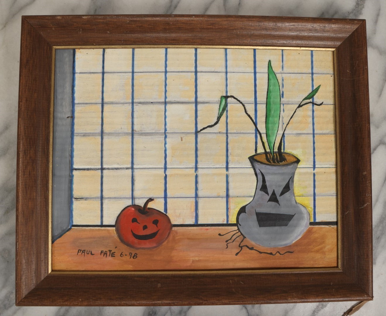 Lot 073 - Vintage Halloween Jack-O-Lantern Pumpkin Painting On Cardboard, With Pumpkin And Vase In Front Of Window, Signed Paul Pate, 1998