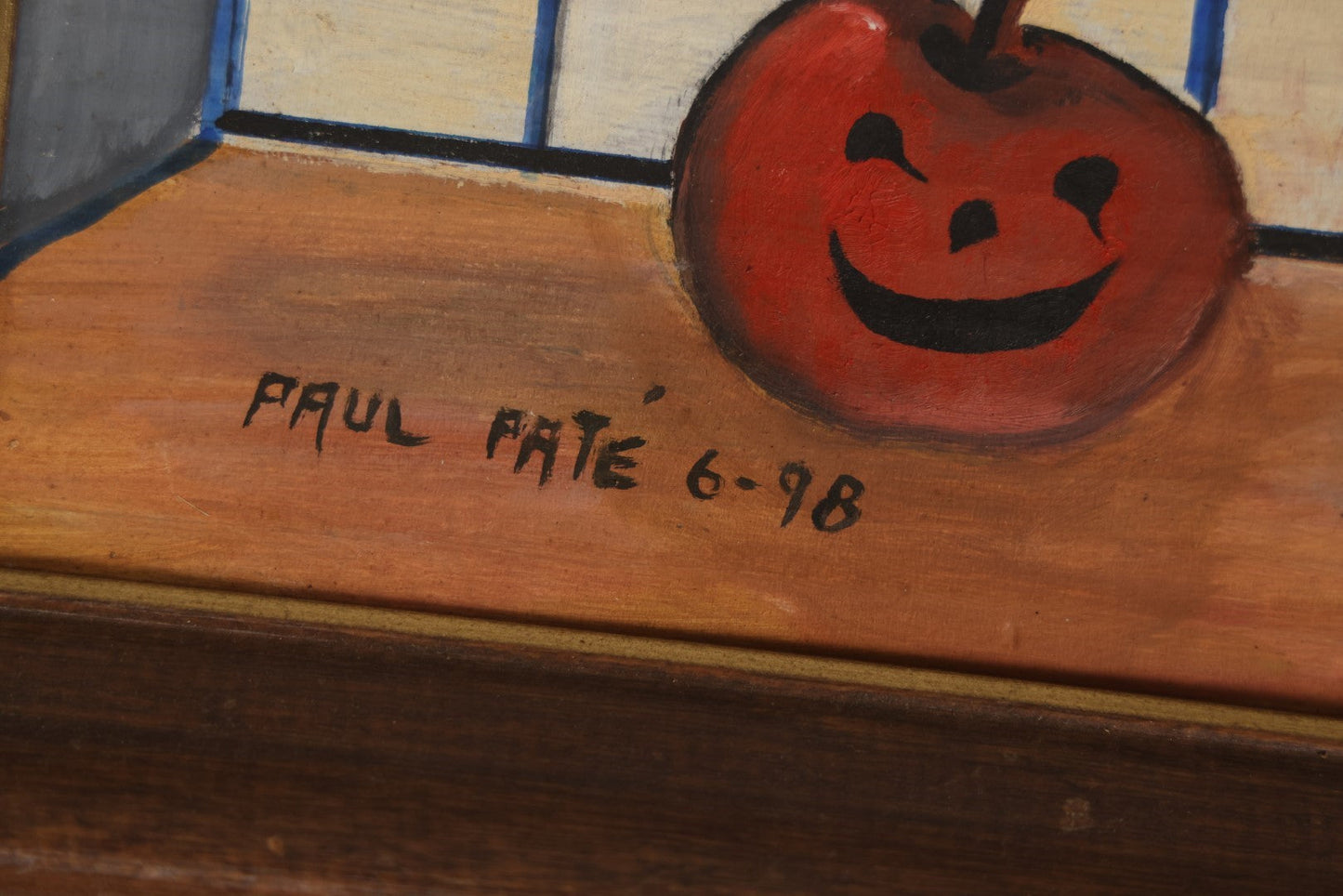 Lot 073 - Vintage Halloween Jack-O-Lantern Pumpkin Painting On Cardboard, With Pumpkin And Vase In Front Of Window, Signed Paul Pate, 1998