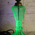 Lot 074 - Antique Uranium Glass Oil Lamp Converted To Electric Lamp, U.V. Black Light Reactive, Rewired With New Bulb Socket