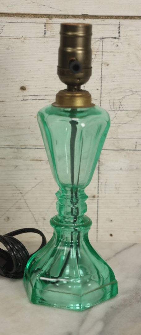 Lot 074 - Antique Uranium Glass Oil Lamp Converted To Electric Lamp, U.V. Black Light Reactive, Rewired With New Bulb Socket