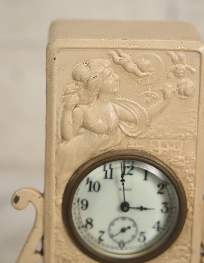 Lot 075 - Antique Wind Up 8-Day Clock With Woman And Cherubs, Roses, Painted Over White, Non Working