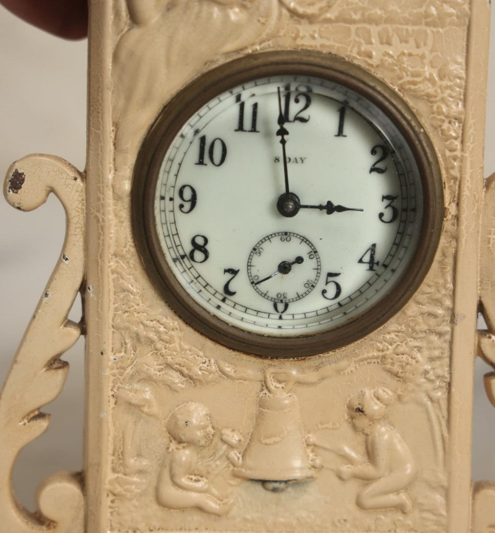 Lot 075 - Antique Wind Up 8-Day Clock With Woman And Cherubs, Roses, Painted Over White, Non Working