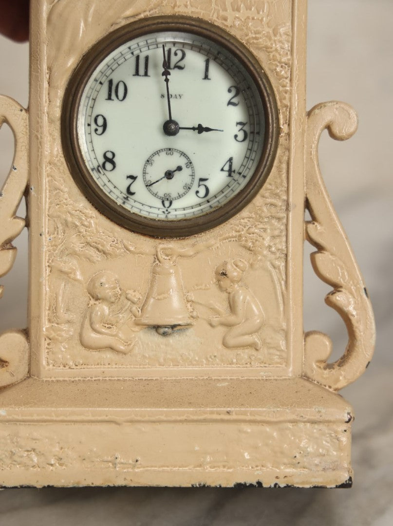 Lot 075 - Antique Wind Up 8-Day Clock With Woman And Cherubs, Roses, Painted Over White, Non Working