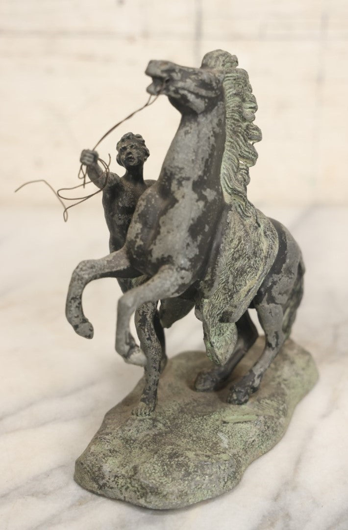 Lot 076 - Antique Spelter Metal Statue Of Man Holding Reins Of Rearing Horse, Various Wear, Paint Chipping