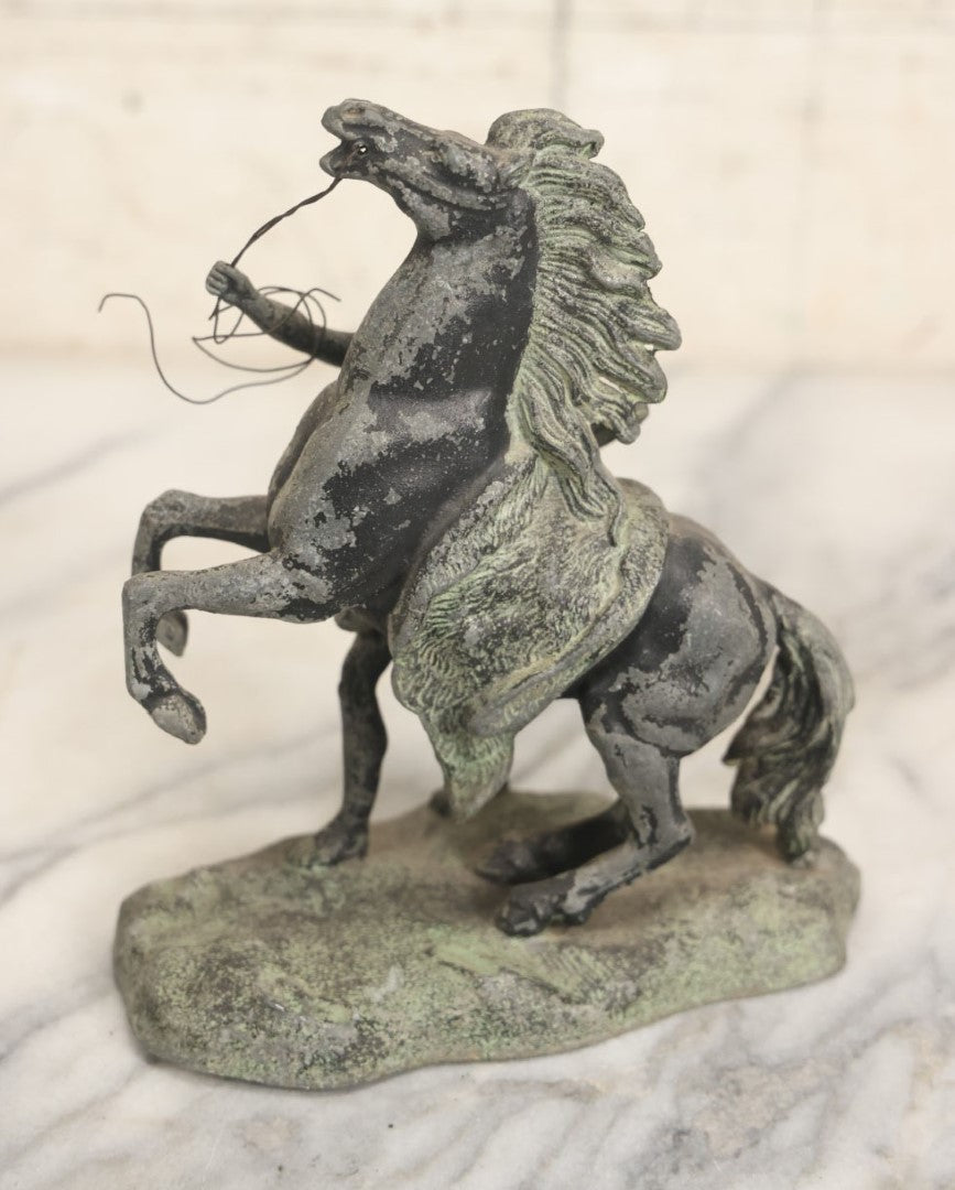 Lot 076 - Antique Spelter Metal Statue Of Man Holding Reins Of Rearing Horse, Various Wear, Paint Chipping