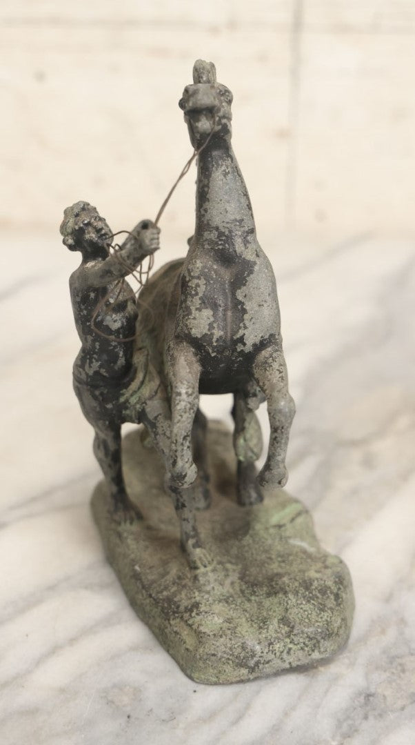 Lot 076 - Antique Spelter Metal Statue Of Man Holding Reins Of Rearing Horse, Various Wear, Paint Chipping