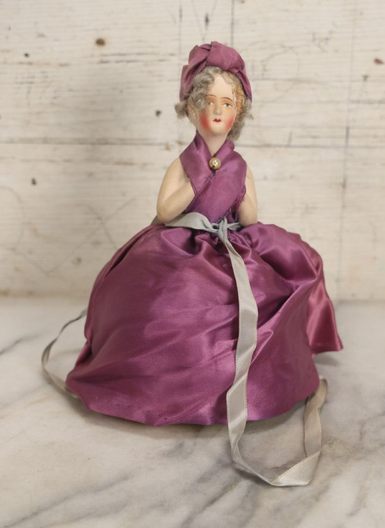 Lot 077 - Antique Half Boudoir Doll Pin Cushion In Pink Dress With Bonnet, Rosy Cheeks