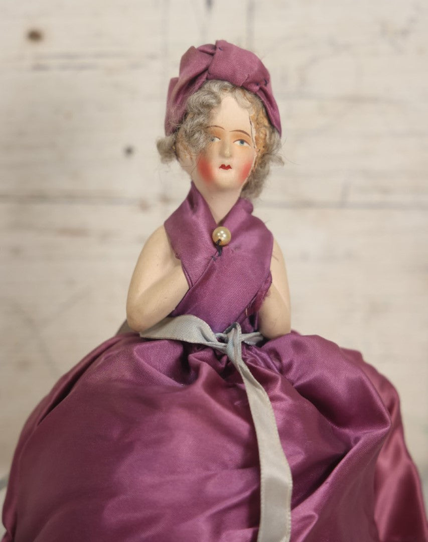 Lot 077 - Antique Half Boudoir Doll Pin Cushion In Pink Dress With Bonnet, Rosy Cheeks