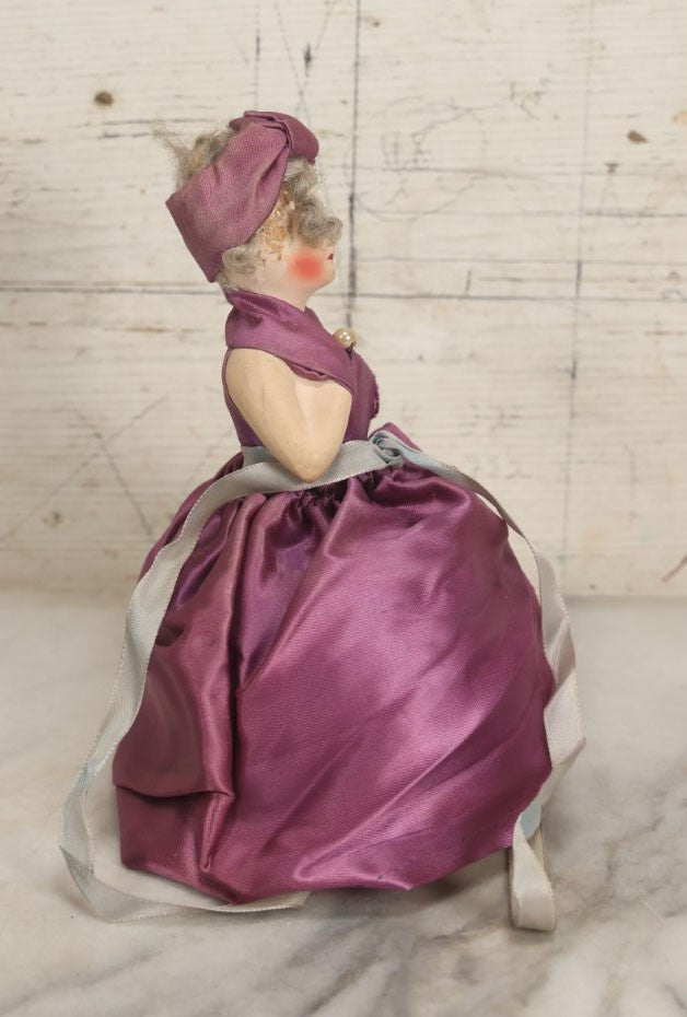 Lot 077 - Antique Half Boudoir Doll Pin Cushion In Pink Dress With Bonnet, Rosy Cheeks