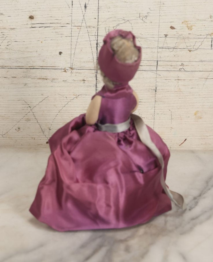 Lot 077 - Antique Half Boudoir Doll Pin Cushion In Pink Dress With Bonnet, Rosy Cheeks