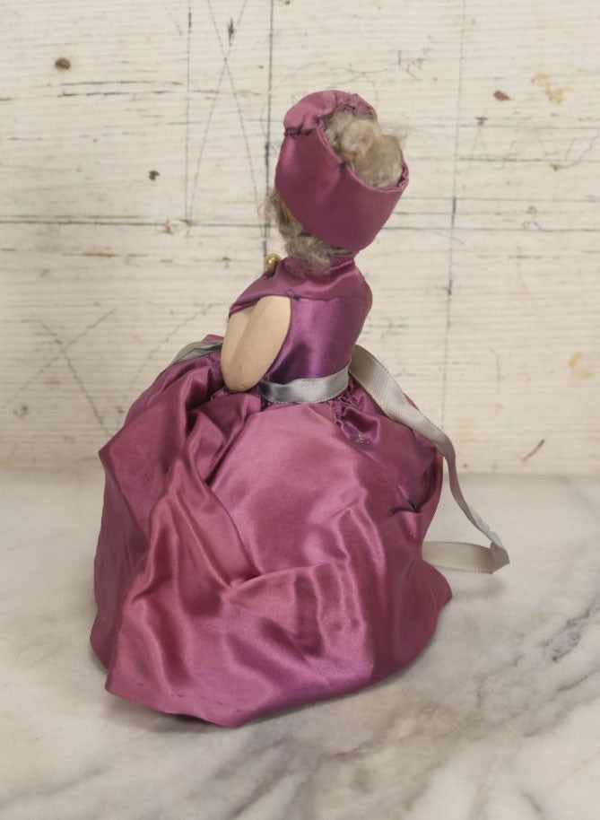 Lot 077 - Antique Half Boudoir Doll Pin Cushion In Pink Dress With Bonnet, Rosy Cheeks