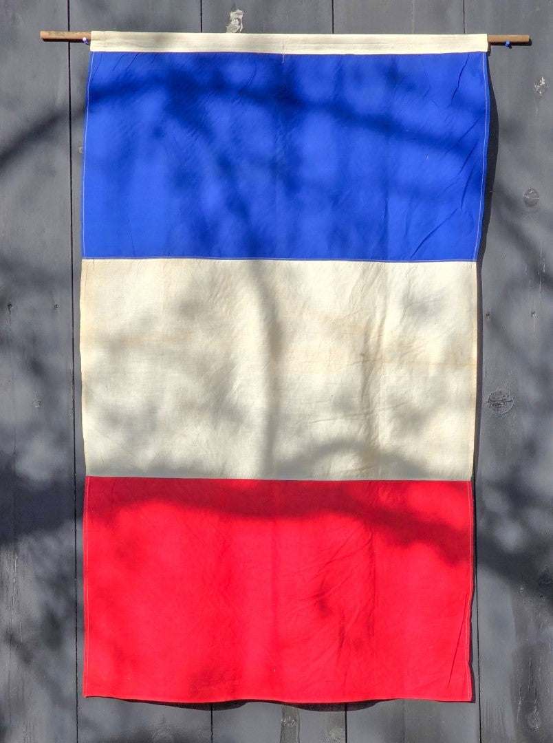 Lot 078 - Vintage French Flag On Pole, Approximately 3 Feet By 5 Feet, Various Wear And Staining