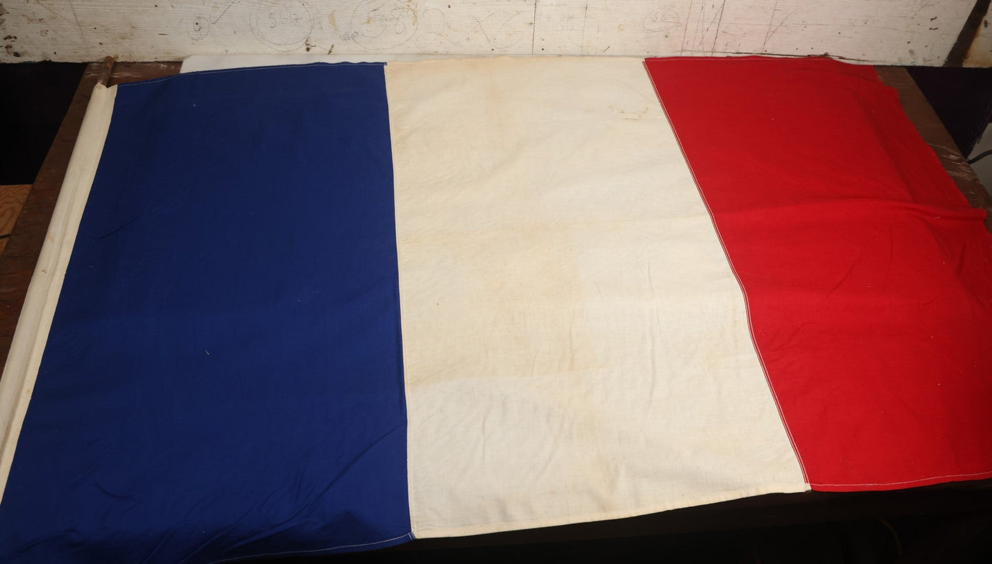 Lot 078 - Vintage French Flag On Pole, Approximately 3 Feet By 5 Feet, Various Wear And Staining