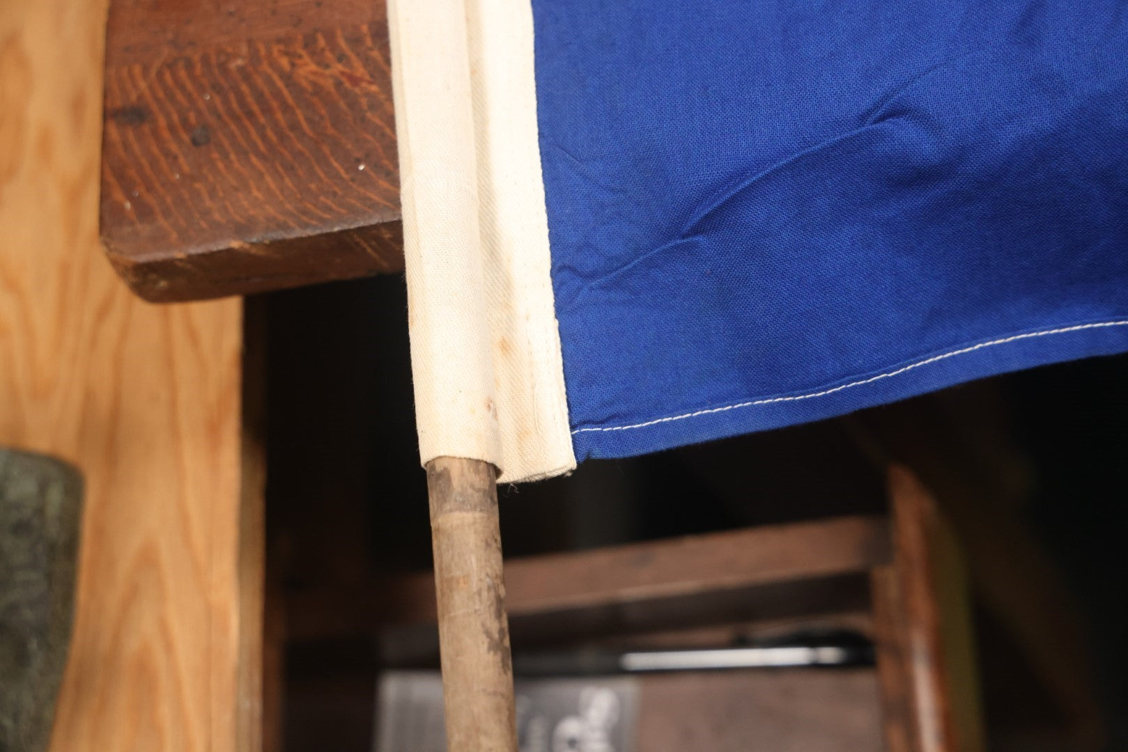 Lot 078 - Vintage French Flag On Pole, Approximately 3 Feet By 5 Feet, Various Wear And Staining