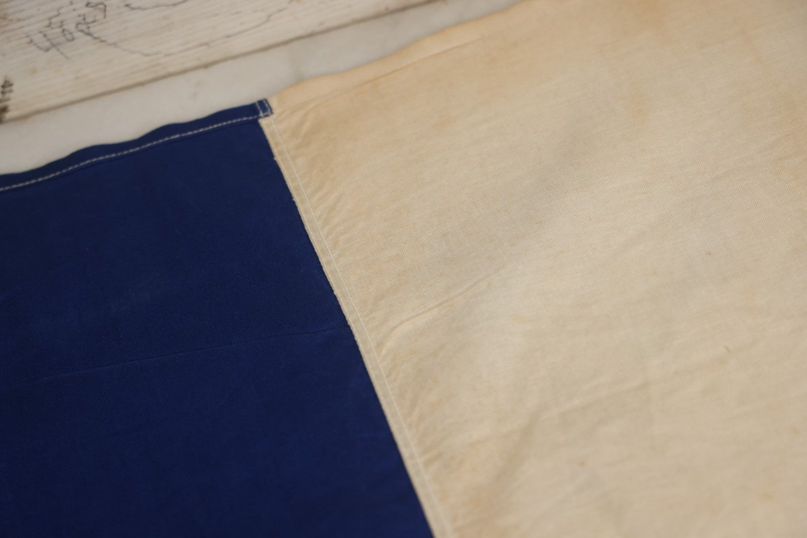 Lot 078 - Vintage French Flag On Pole, Approximately 3 Feet By 5 Feet, Various Wear And Staining