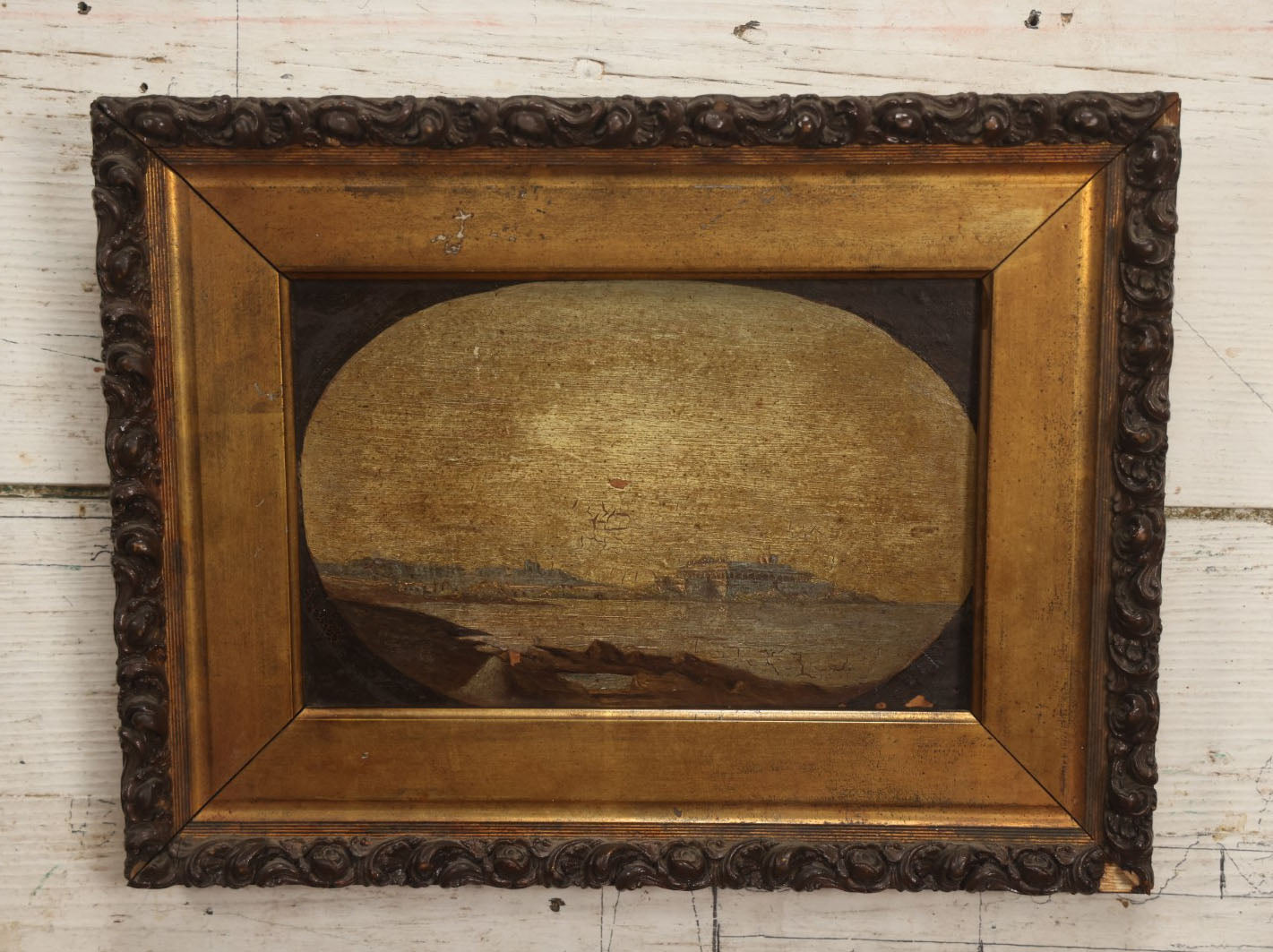 Lot 002 - Antique Painting On Board Of A Mediterranean Coastal Setting, Classical Architecture, In Frame, Note Losses, Heavy Varnish, Wear, 13-1/4" x 10-1/4"