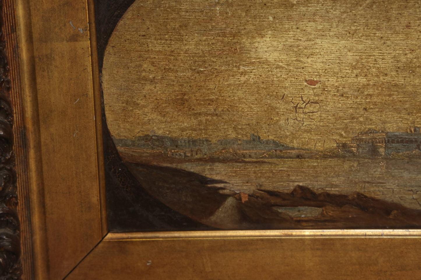 Lot 002 - Antique Painting On Board Of A Mediterranean Coastal Setting, Classical Architecture, In Frame, Note Losses, Heavy Varnish, Wear, 13-1/4" x 10-1/4"