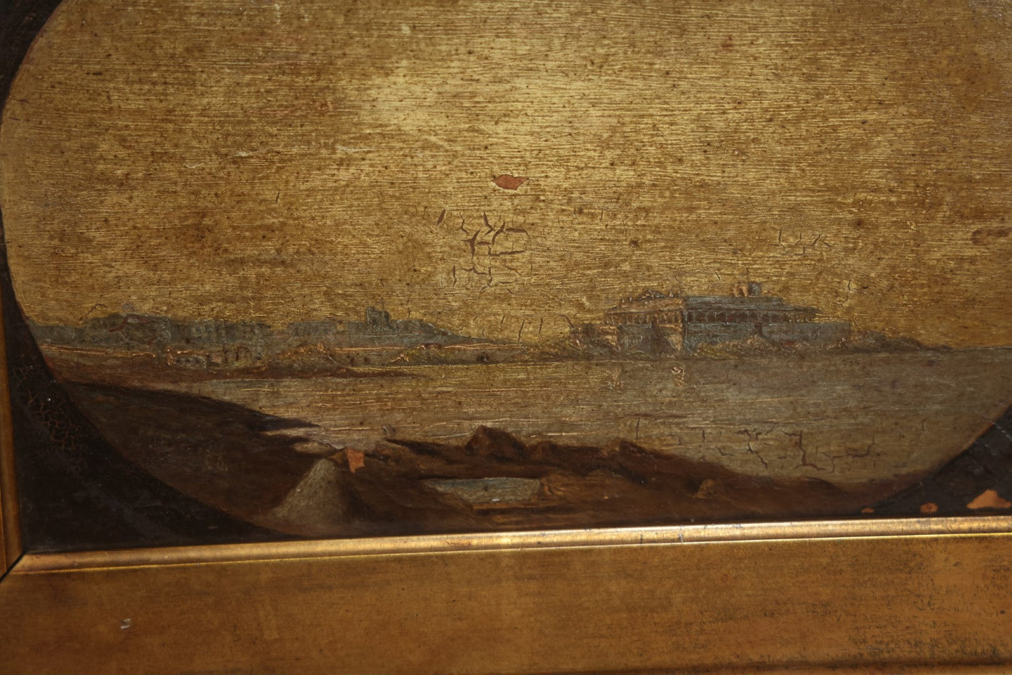 Lot 002 - Antique Painting On Board Of A Mediterranean Coastal Setting, Classical Architecture, In Frame, Note Losses, Heavy Varnish, Wear, 13-1/4" x 10-1/4"