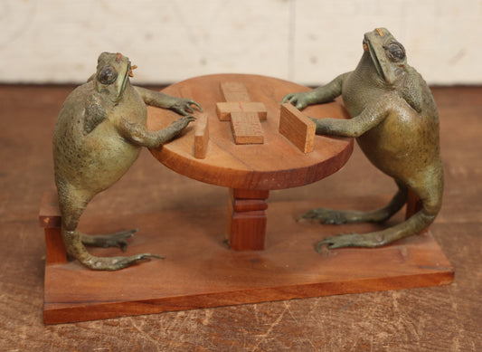 Lot 005 - Vintage Mexican Folk Art Pair Of Taxidermy Frogs Playing Dominoes On A Table