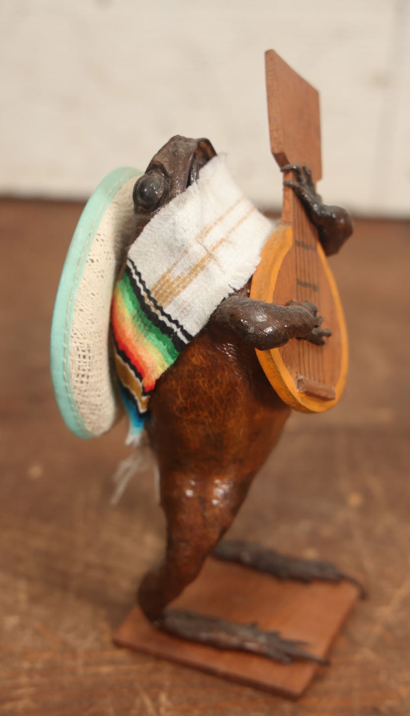 Lot 006 - Vintage Mexican Folk Art Taxidermy Frog Playing Mandolin In Sombrero