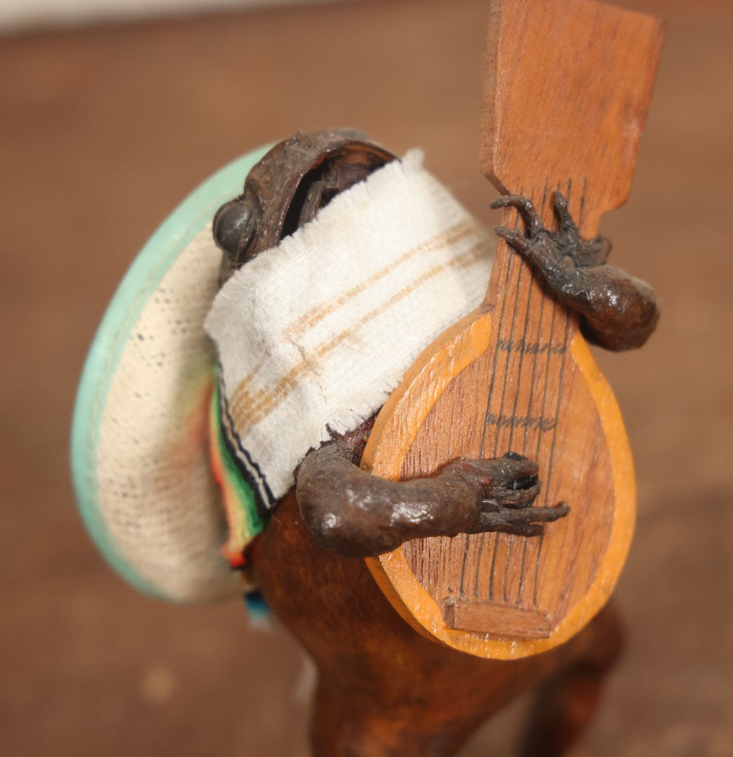 Lot 006 - Vintage Mexican Folk Art Taxidermy Frog Playing Mandolin In Sombrero