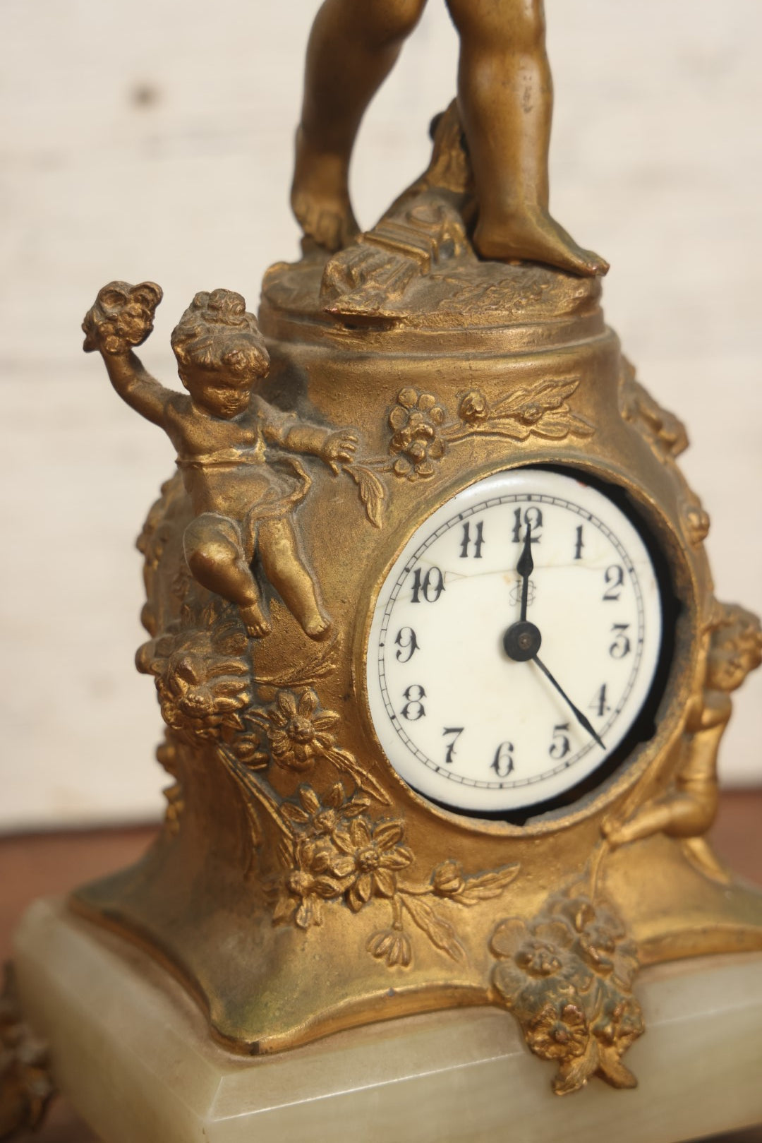 Lot 008 - Antique Decorative Clock With Cast Metal Cupid Figural Statue, By The Jennings Brothers, Bridgeport, Connecticut, Not Functioning