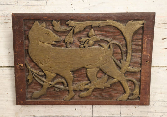 Lot 010 - Vintage Hand Carved Folk Art Panel Depiction Of A Wolf, Carved Artist Signature A.A. On Back, Dated 1933, 16-1/2" x 11-1/4"