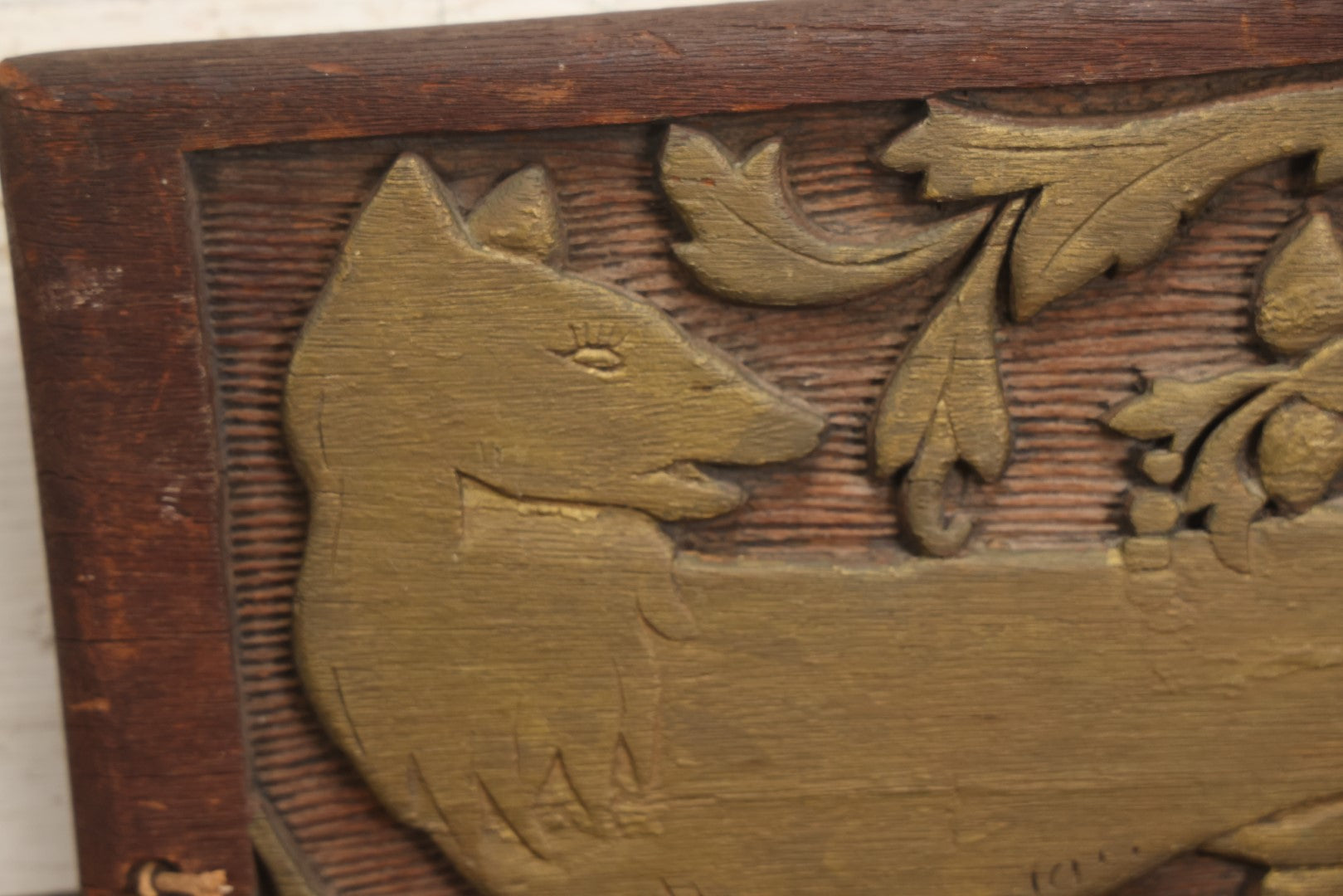 Lot 010 - Vintage Hand Carved Folk Art Panel Depiction Of A Wolf, Carved Artist Signature A.A. On Back, Dated 1933, 16-1/2" x 11-1/4"