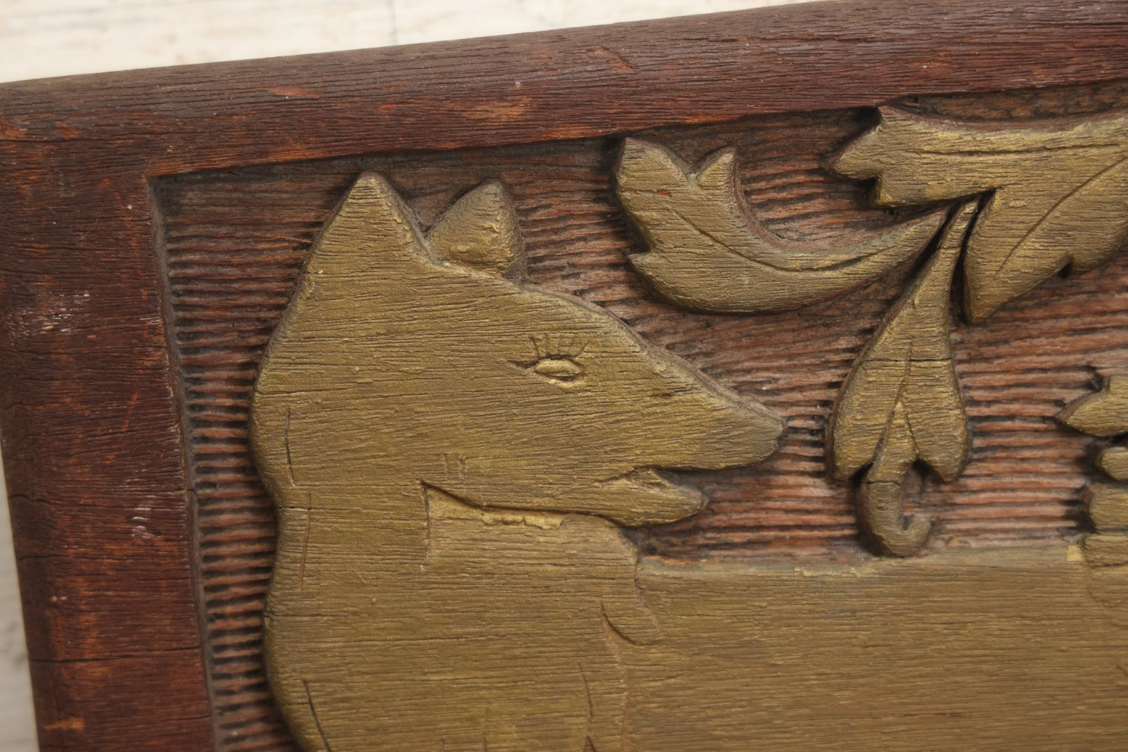 Lot 010 - Vintage Hand Carved Folk Art Panel Depiction Of A Wolf, Carved Artist Signature A.A. On Back, Dated 1933, 16-1/2" x 11-1/4"