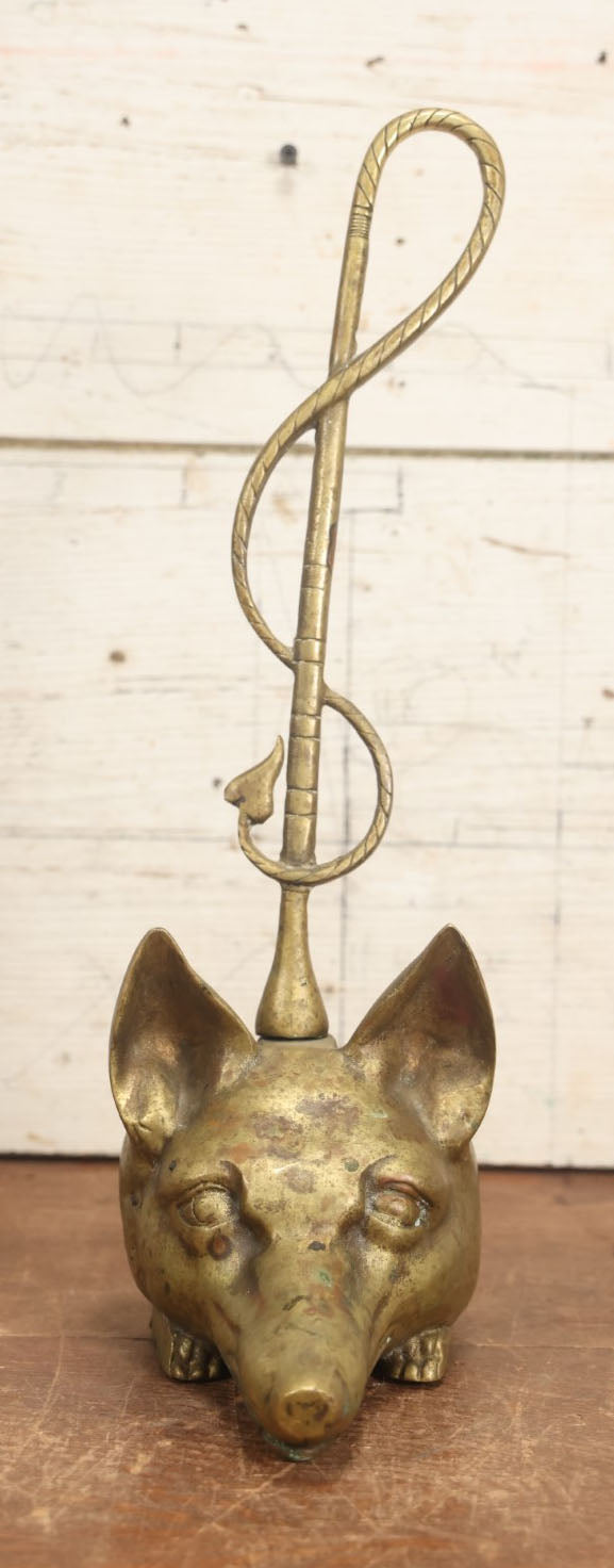 Lot 011 - Antique Cast Brass Fox Head Door Stop With Tail Handle, V.M. Maker's Mark