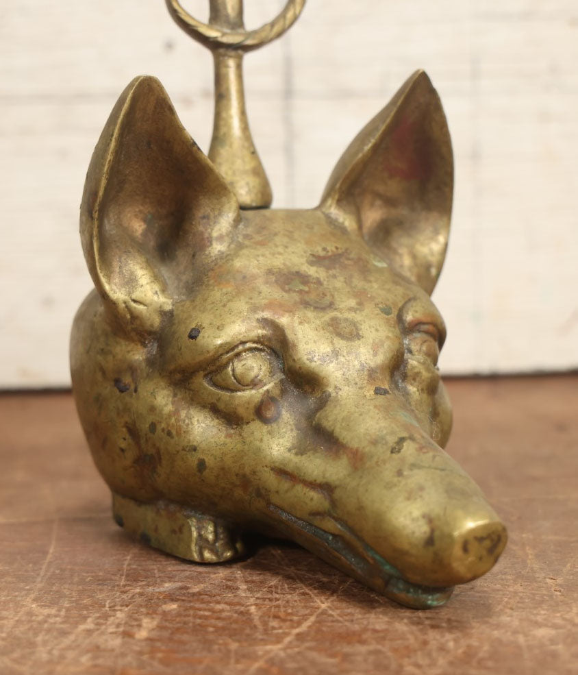 Lot 011 - Antique Cast Brass Fox Head Door Stop With Tail Handle, V.M. Maker's Mark