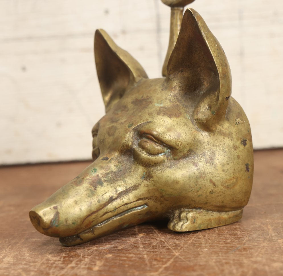 Lot 011 - Antique Cast Brass Fox Head Door Stop With Tail Handle, V.M. Maker's Mark