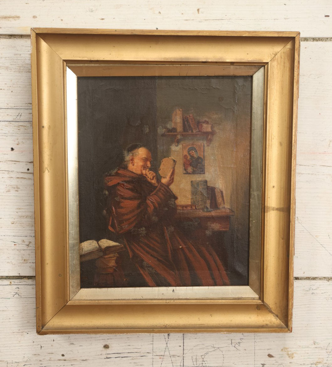 Lot 012 - Antique Painting On Canvas Of A Jolly Monk Friar Smiling And Reading, Done After An Earlier Work, In Frame, Attributed To J. Newcomb, 12" x 14"