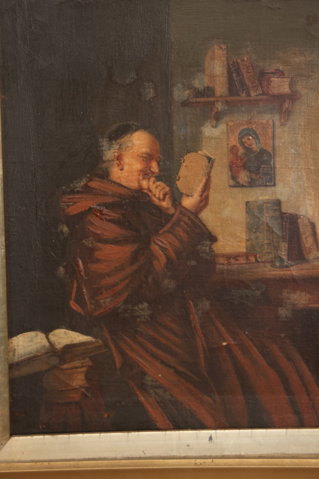 Lot 012 - Antique Painting On Canvas Of A Jolly Monk Friar Smiling And Reading, Done After An Earlier Work, In Frame, Attributed To J. Newcomb, 12" x 14"