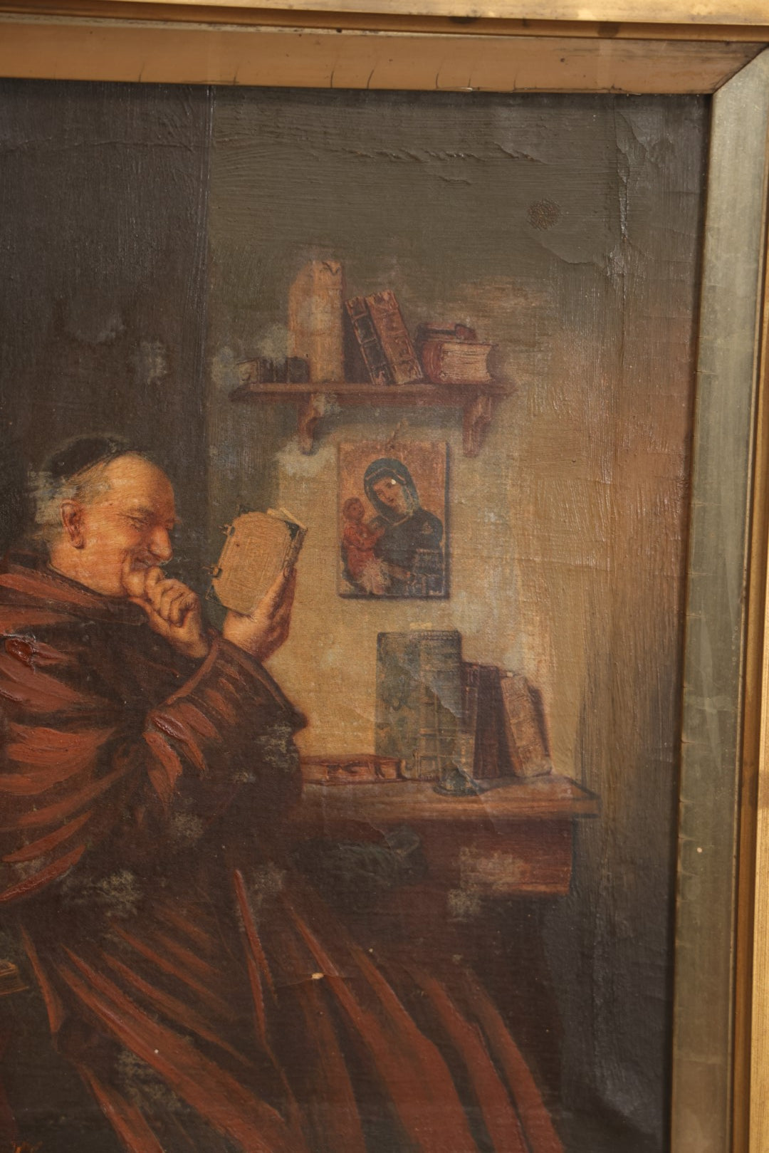 Lot 012 - Antique Painting On Canvas Of A Jolly Monk Friar Smiling And Reading, Done After An Earlier Work, In Frame, Attributed To J. Newcomb, 12" x 14"