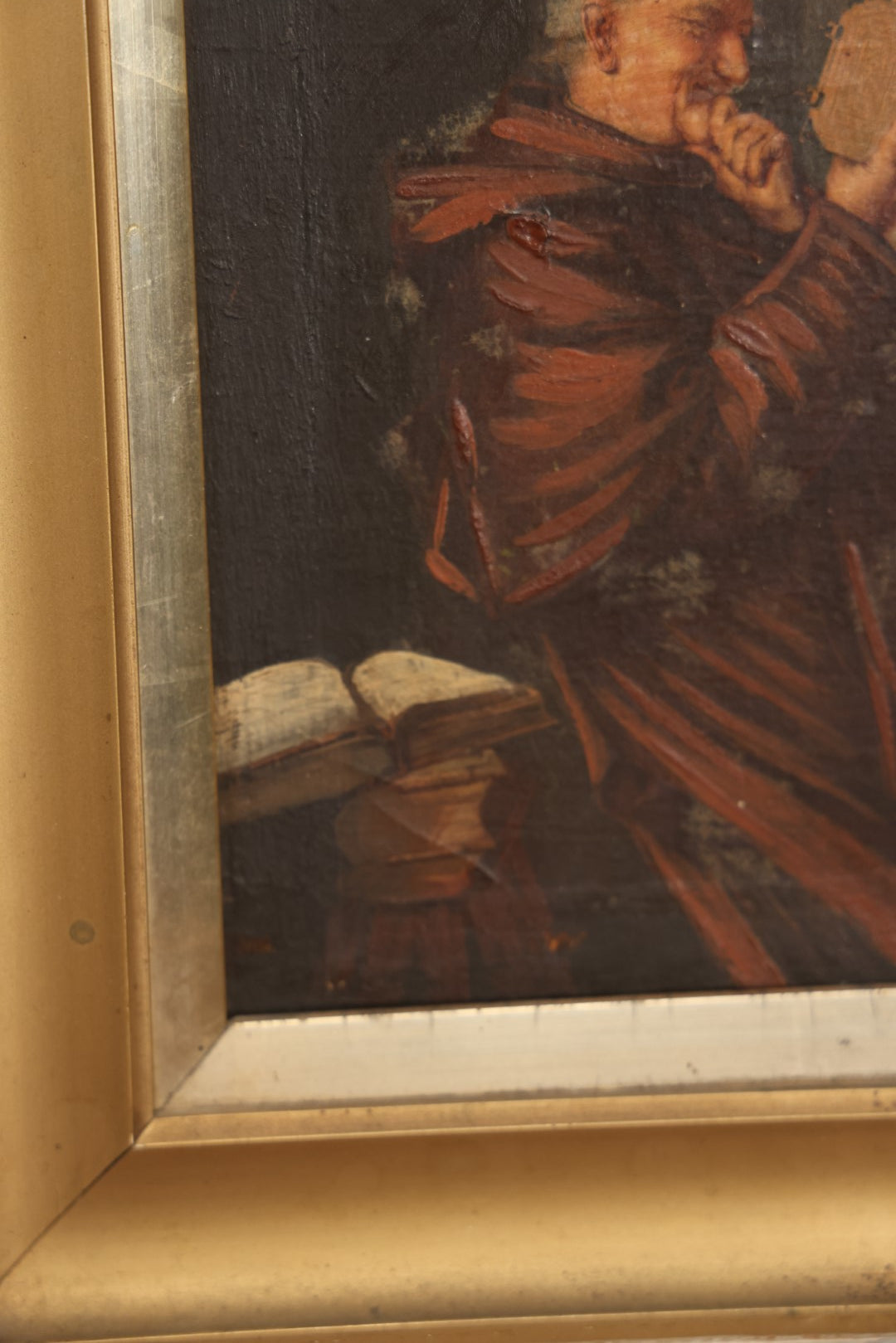 Lot 012 - Antique Painting On Canvas Of A Jolly Monk Friar Smiling And Reading, Done After An Earlier Work, In Frame, Attributed To J. Newcomb, 12" x 14"