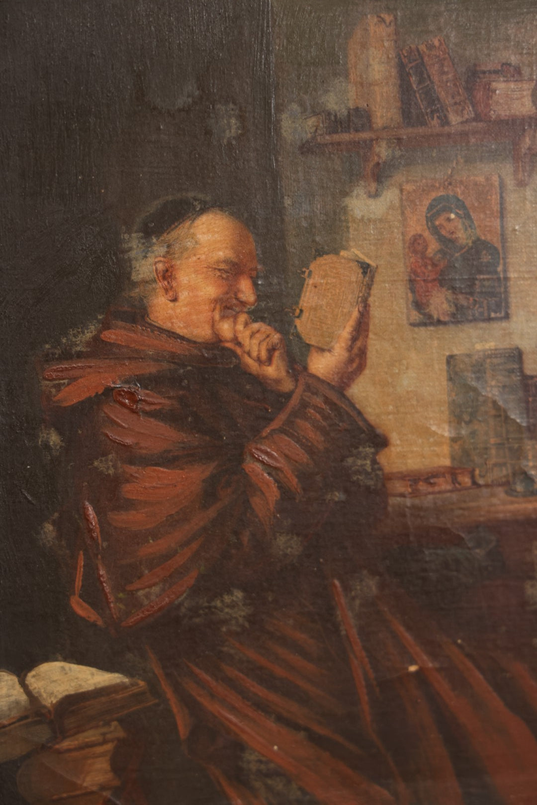 Lot 012 - Antique Painting On Canvas Of A Jolly Monk Friar Smiling And Reading, Done After An Earlier Work, In Frame, Attributed To J. Newcomb, 12" x 14"