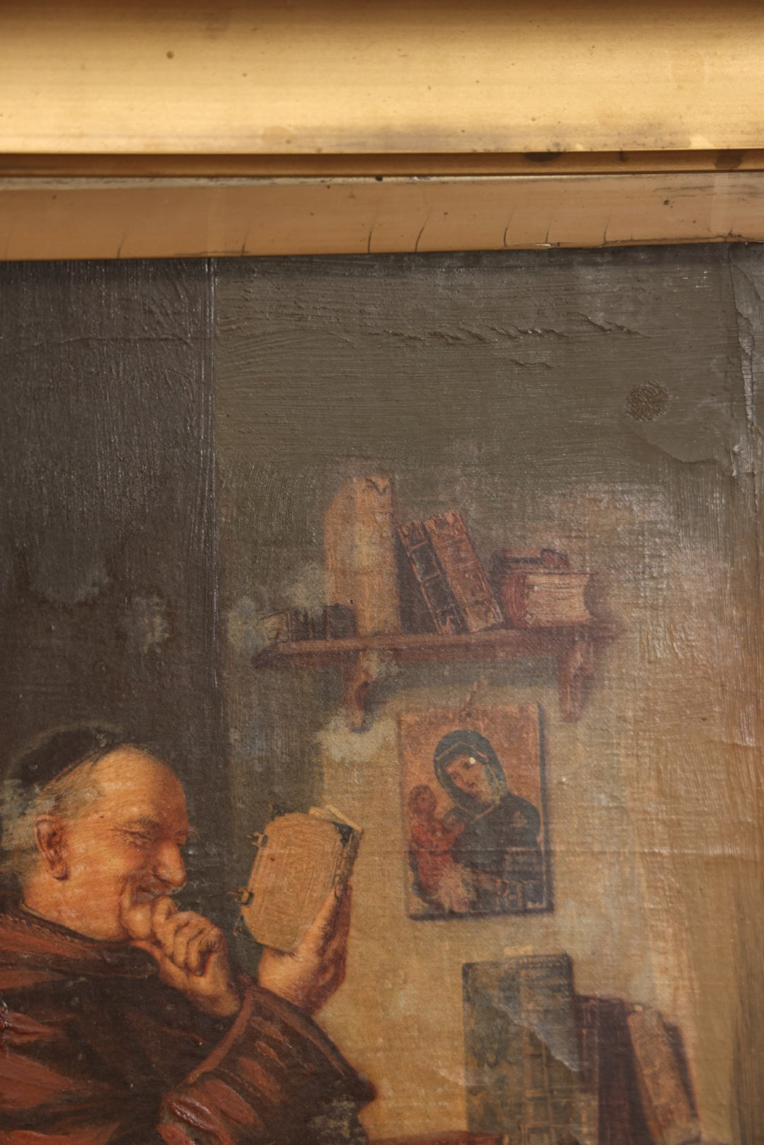 Lot 012 - Antique Painting On Canvas Of A Jolly Monk Friar Smiling And Reading, Done After An Earlier Work, In Frame, Attributed To J. Newcomb, 12" x 14"