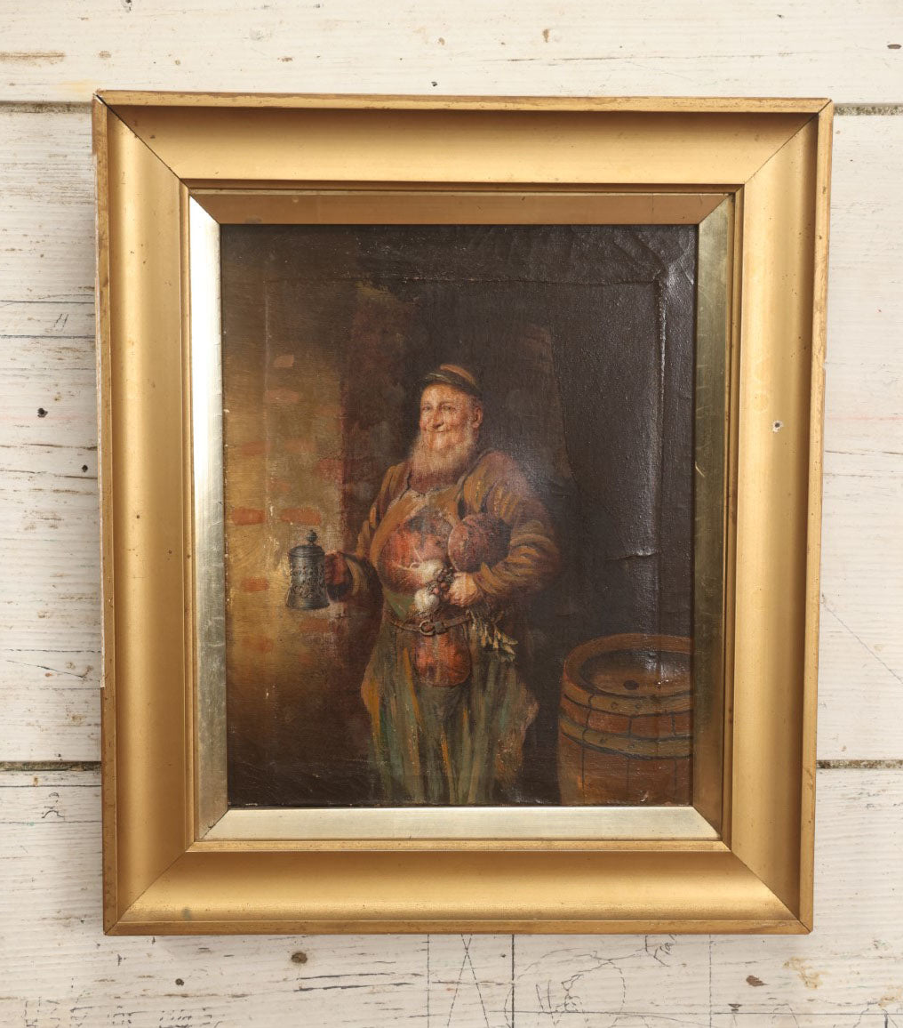 Lot 013 - Antique Painting On Canvas Of A Jolly Monk Friar Holding A Beer Stein, Vegetables, Done After An Earlier Work, In Frame, Attributed To J. Newcomb, 12" x 14"