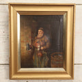 Lot 013 - Antique Painting On Canvas Of A Jolly Monk Friar Holding A Beer Stein, Vegetables, Done After An Earlier Work, In Frame, Attributed To J. Newcomb, 12" x 14"