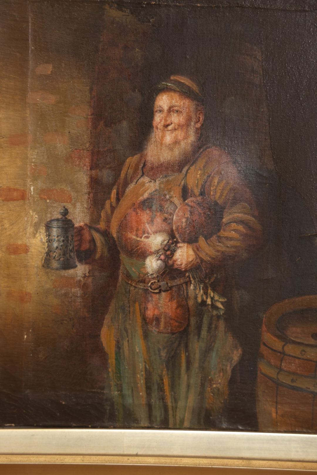 Lot 013 - Antique Painting On Canvas Of A Jolly Monk Friar Holding A Beer Stein, Vegetables, Done After An Earlier Work, In Frame, Attributed To J. Newcomb, 12" x 14"